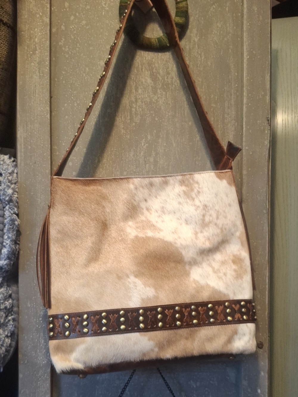 Brown and Cream Cowhide Shoulder Bag with Studded Trim By Countryside Co